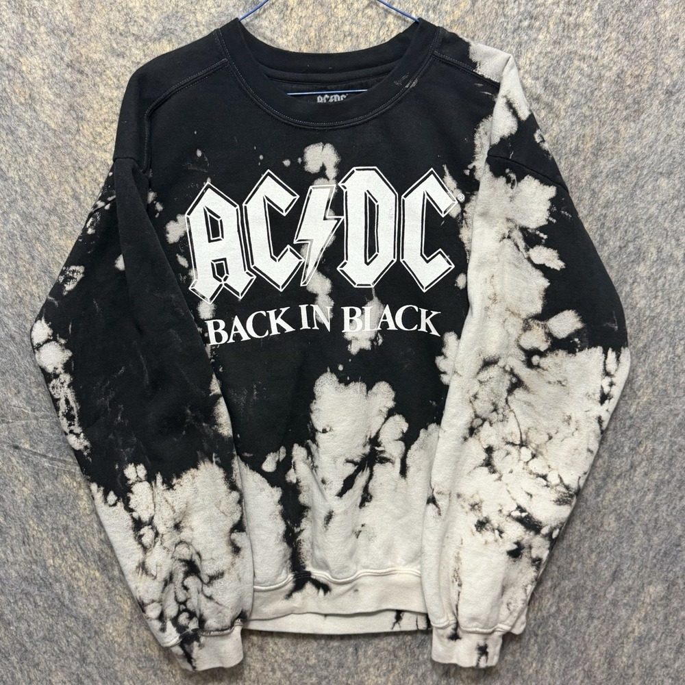 AC/DC Back In Black Sweatshirt Mens Large Bleach Tie Dye Band Rock Crewneck